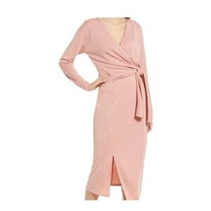 Halogen Cross Front Tie Front V Neck Long Sleeve Dress Pink XS